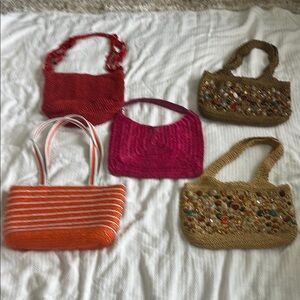 5 various crocheted type/straw purses